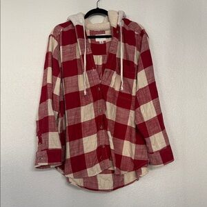 American Eagle Outfitters Red and Cream Plaid Hoodie Shirt